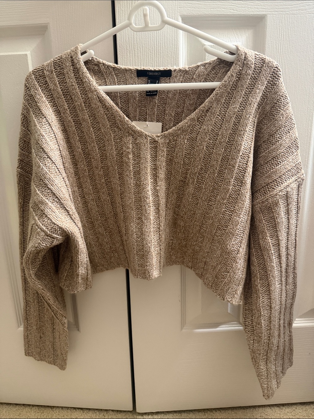 Forever 21 Beige Ribbed V-Neck Cropped Sweater